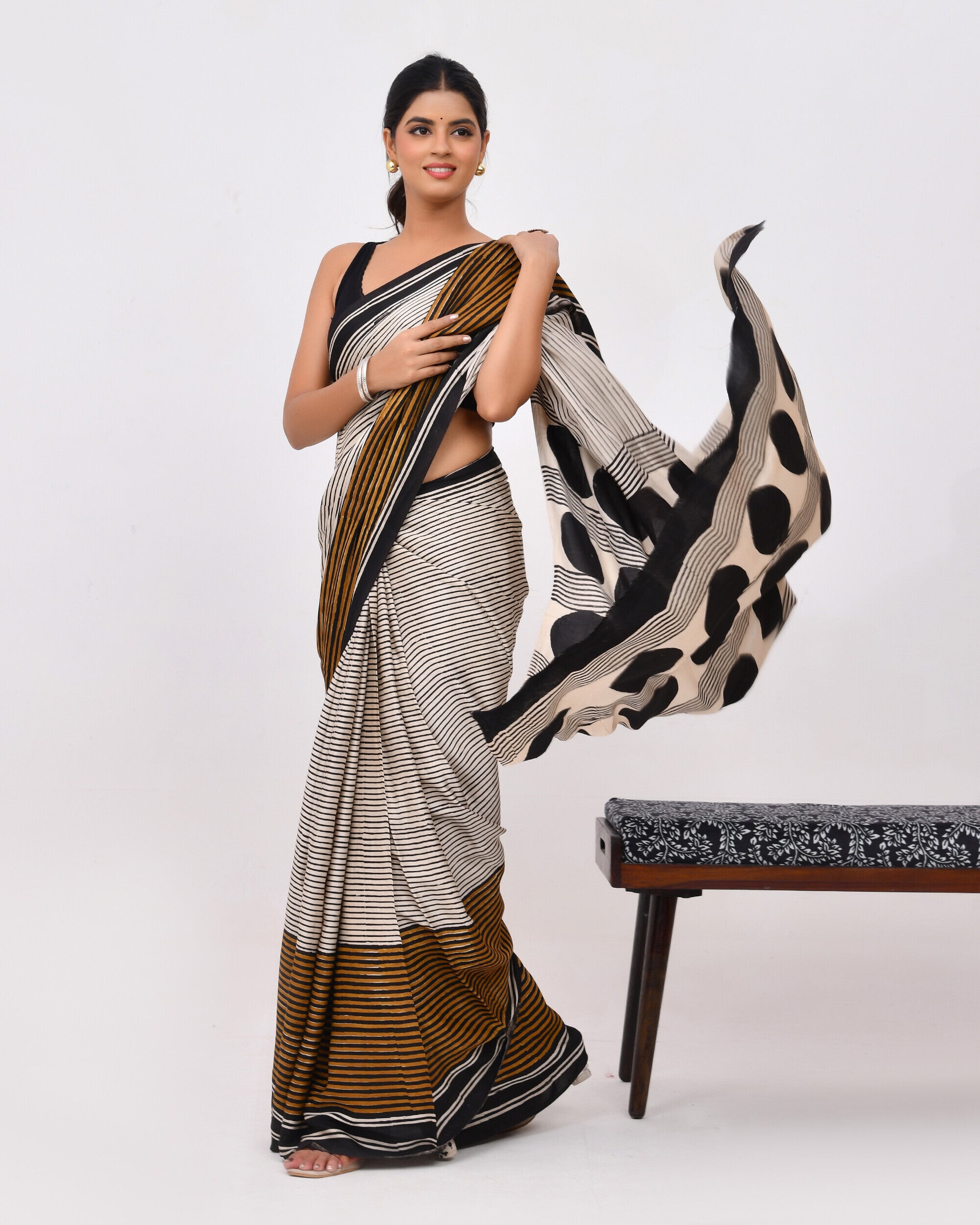 Rajnesa Traditional Block Print Modal Silk Saree - Beige Stripes