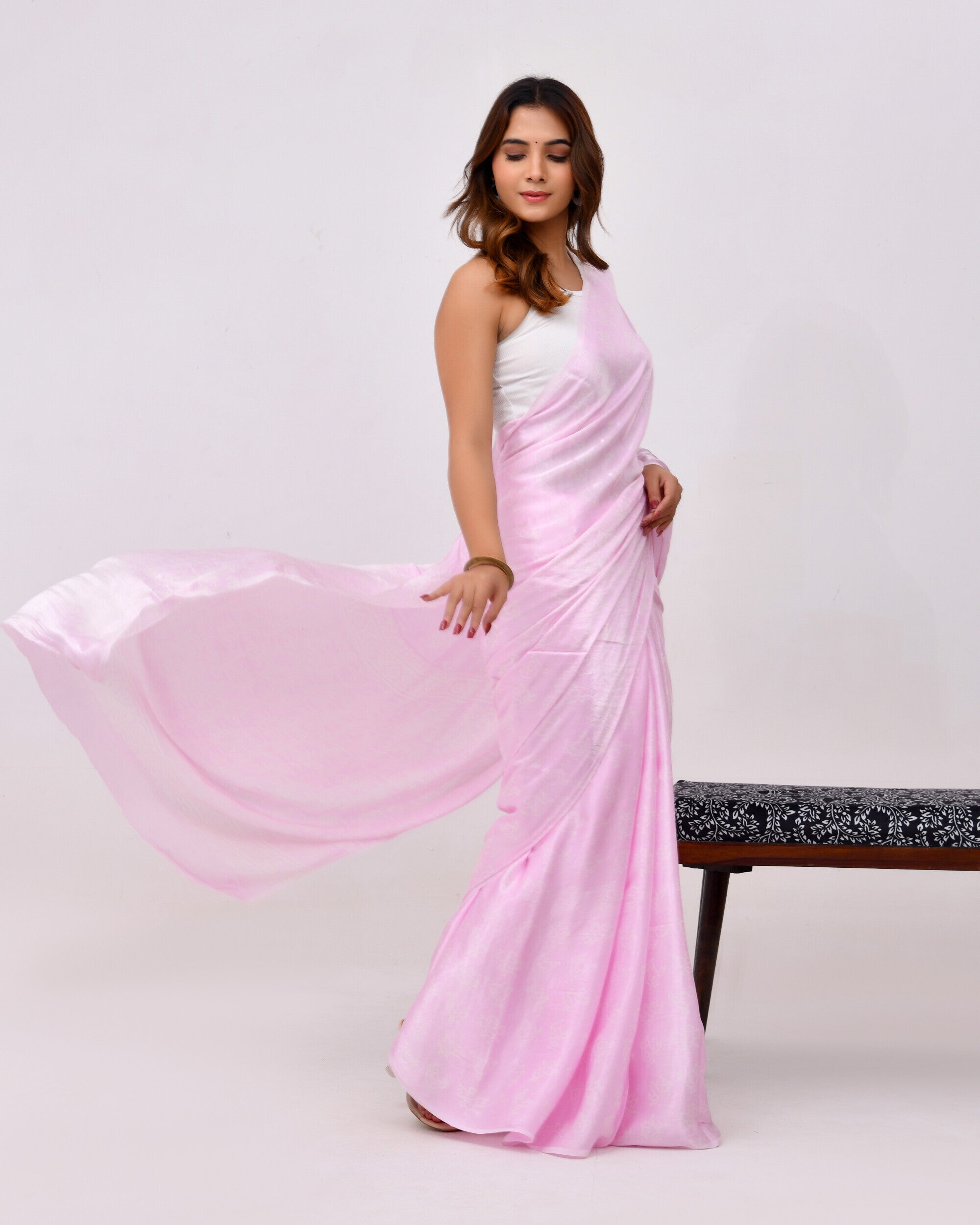 Rajnesa Traditional Block Print Modal Silk Saree - Powder Pink