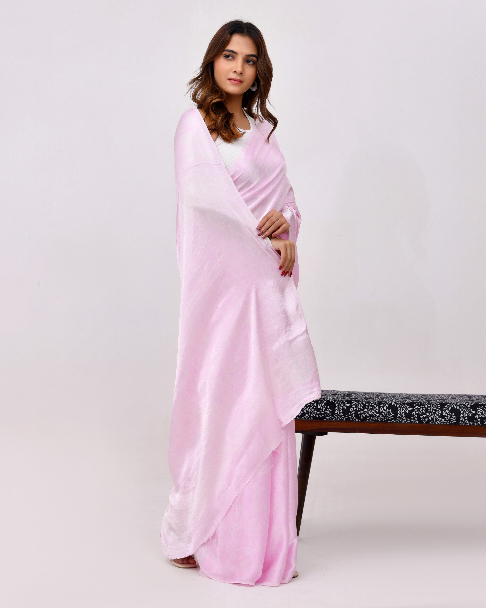 Rajnesa Traditional Block Print Modal Silk Saree - Powder Pink