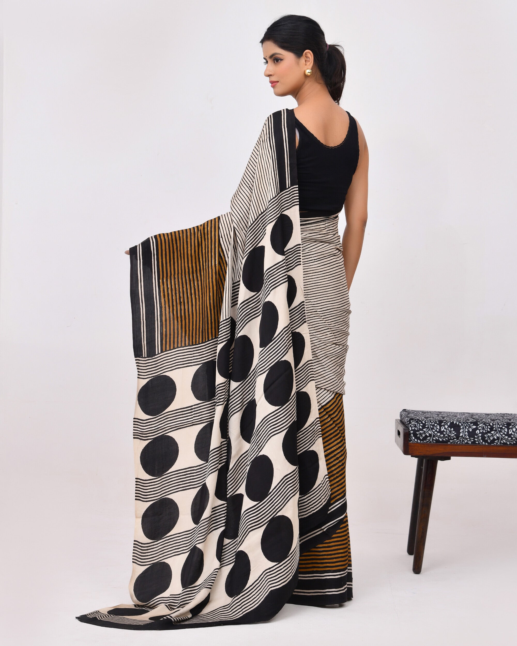 Rajnesa Traditional Block Print Modal Silk Saree - Beige Stripes