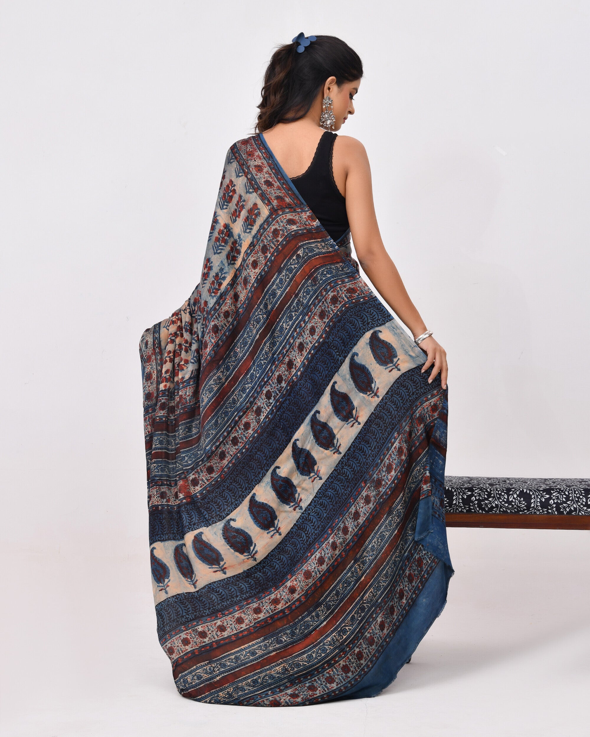 Rajnesa Traditional Block Print Modal Silk Saree - Beige & Blue