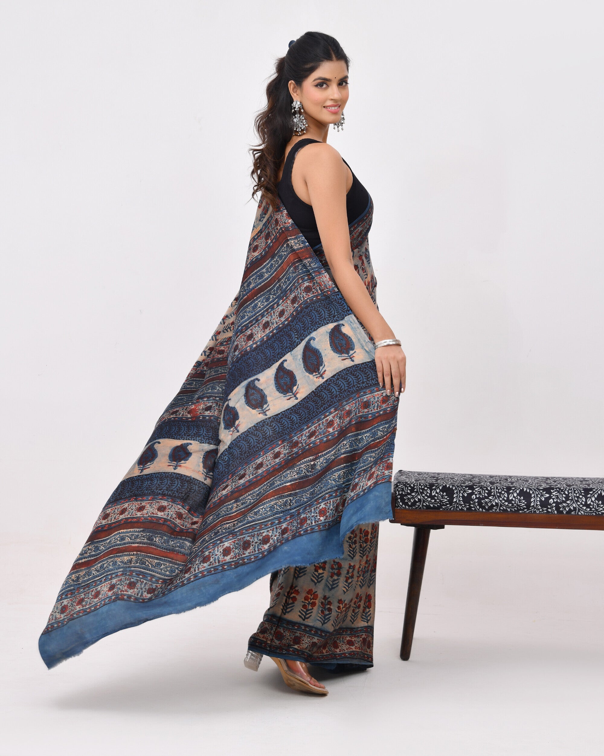 Rajnesa Traditional Block Print Modal Silk Saree - Beige & Blue