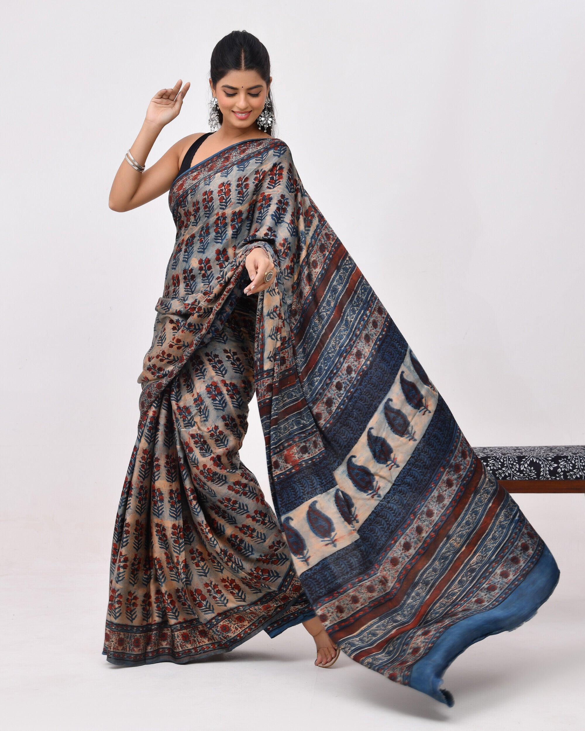 Rajnesa Traditional Block Print Modal Silk Saree - Beige & Blue