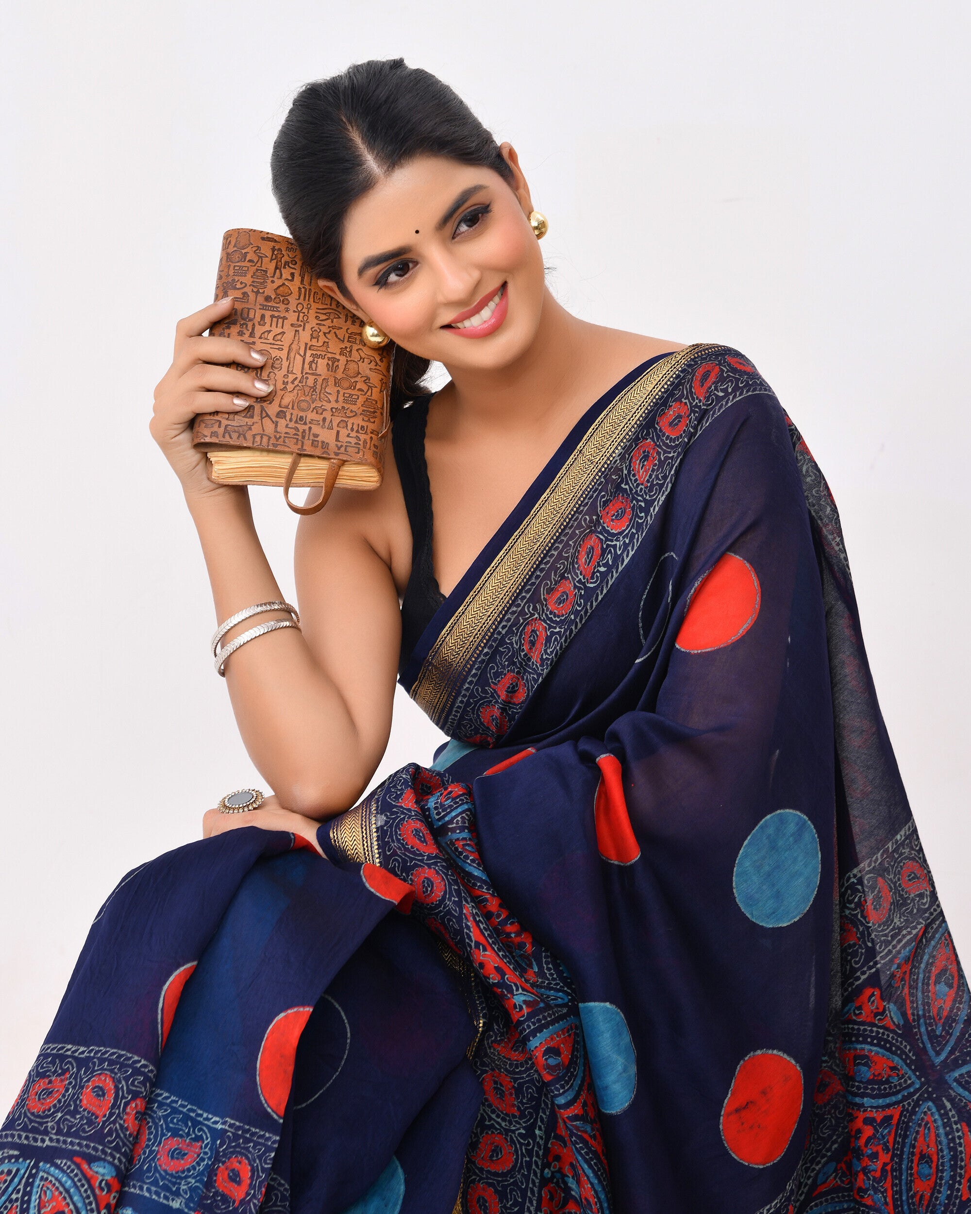 Rajnesa Traditional Block Print Maheshwari Silk Saree - Navy Blue