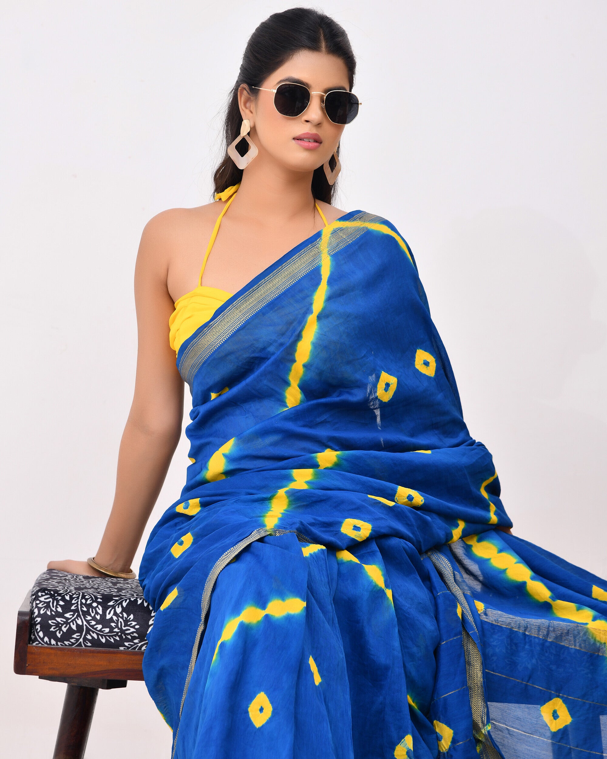 Rajnesa Traditional Block Print Maheshwari Silk Saree - Light Blue