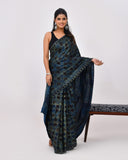 Load image into Gallery viewer, Rajnesa Traditional Block Print Modal Silk Saree - Indigo &amp; Black