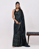 Load image into Gallery viewer, Rajnesa Traditional Block Print Modal Silk Saree - Indigo &amp; Black