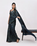Load image into Gallery viewer, Rajnesa Traditional Block Print Modal Silk Saree - Indigo &amp; Black
