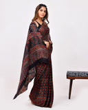 Load image into Gallery viewer, Rajnesa Traditional Block Print Modal Silk Saree - Maroon &amp; Black