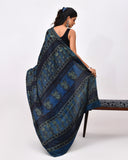 Load image into Gallery viewer, Rajnesa Traditional Block Print Modal Silk Saree - Indigo &amp; Black