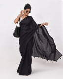 Load image into Gallery viewer, Plain Black Cotton Mulmul Saree