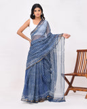 Load image into Gallery viewer, Rajnesa Traditional Block Print Kota Doria Cotton Saree - Indigo Stripes