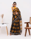 Load image into Gallery viewer, Rajnesa Traditional Block Print Kota Doria Cotton Saree - Black &amp; Mustard