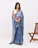 Load image into Gallery viewer, Rajnesa Traditional Block Print Kota Doria Cotton Saree - Indigo Stripes