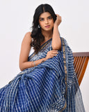 Load image into Gallery viewer, Rajnesa Traditional Block Print Kota Doria Cotton Saree - Indigo Stripes