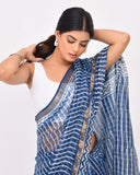 Load image into Gallery viewer, Rajnesa Traditional Block Print Kota Doria Cotton Saree - Indigo Stripes
