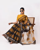 Load image into Gallery viewer, Rajnesa Traditional Block Print Kota Doria Cotton Saree - Black &amp; Mustard