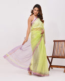 Load image into Gallery viewer, Rajnesa Traditional Block Print Kota Doria Cotton Saree - Lime Green &amp; Lavender