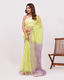 Load image into Gallery viewer, Lime Green &amp; Lavender Block Print Kota Saree