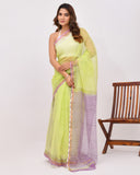 Load image into Gallery viewer, Rajnesa Traditional Block Print Kota Doria Cotton Saree - Lime Green &amp; Lavender