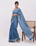 Load image into Gallery viewer, Rajnesa Traditional Half And Half Cotton Mulmul Saree - Indigo Checks