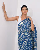 Load image into Gallery viewer, Rajnesa Traditional Half And Half Cotton Mulmul Saree - Indigo Checks