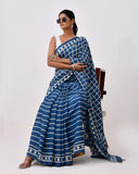 Load image into Gallery viewer, Rajnesa Traditional Half And Half Cotton Mulmul Saree - Indigo Checks