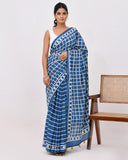 Load image into Gallery viewer, Half &amp; Half Cotton Mulmul Saree in Indigo Checks