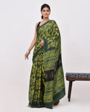 Load image into Gallery viewer, Forest Green Block Printed Modal Silk Saree