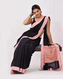 Load image into Gallery viewer, Rajnesa Traditional Patch Work Cotton Mulmul Saree - Black &amp; Peach