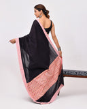 Load image into Gallery viewer, Rajnesa Traditional Patch Work Cotton Mulmul Saree - Black &amp; Peach