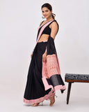 Load image into Gallery viewer, Rajnesa Traditional Patch Work Cotton Mulmul Saree - Black &amp; Peach