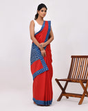 Load image into Gallery viewer, Rajnesa Traditional Patch Work Cotton Mulmul Saree - Red &amp; Indigo