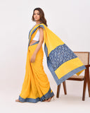 Load image into Gallery viewer, Yellow &amp; Indigo Cotton Mulmul Saree with Patch Work