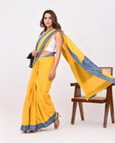 Load image into Gallery viewer, Rajnesa Traditional Patch Work Cotton Mulmul Saree - Yellow &amp; Indigo