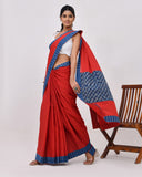 Load image into Gallery viewer, Rajnesa Traditional Patch Work Cotton Mulmul Saree - Red &amp; Indigo