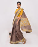Load image into Gallery viewer, Mud &amp; Mustard Cotton Mulmul Patchwork Saree