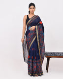 Load image into Gallery viewer, Rajnesa Traditional Block Print Maheshwari Silk Saree - Navy Blue