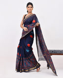 Load image into Gallery viewer, Rajnesa Traditional Block Print Maheshwari Silk Saree - Navy Blue