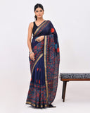 Load image into Gallery viewer, Navy Blue Block Print Maheshwari Silk Saree
