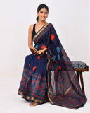 Load image into Gallery viewer, Rajnesa Traditional Block Print Maheshwari Silk Saree - Navy Blue