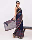 Load image into Gallery viewer, Rajnesa Traditional Block Print Maheshwari Silk Saree - Navy Blue