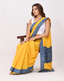 Load image into Gallery viewer, Rajnesa Traditional Patch Work Cotton Mulmul Saree - Yellow &amp; Indigo