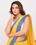 Load image into Gallery viewer, Rajnesa Traditional Patch Work Cotton Mulmul Saree - Yellow &amp; Indigo