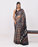 Load image into Gallery viewer, Block Printed Beige &amp; Blue Modal Silk Saree