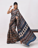 Load image into Gallery viewer, Rajnesa Traditional Block Print Modal Silk Saree - Beige &amp; Blue