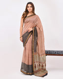 Load image into Gallery viewer, Beige &amp; Red Block Print Maheshwari Silk Saree